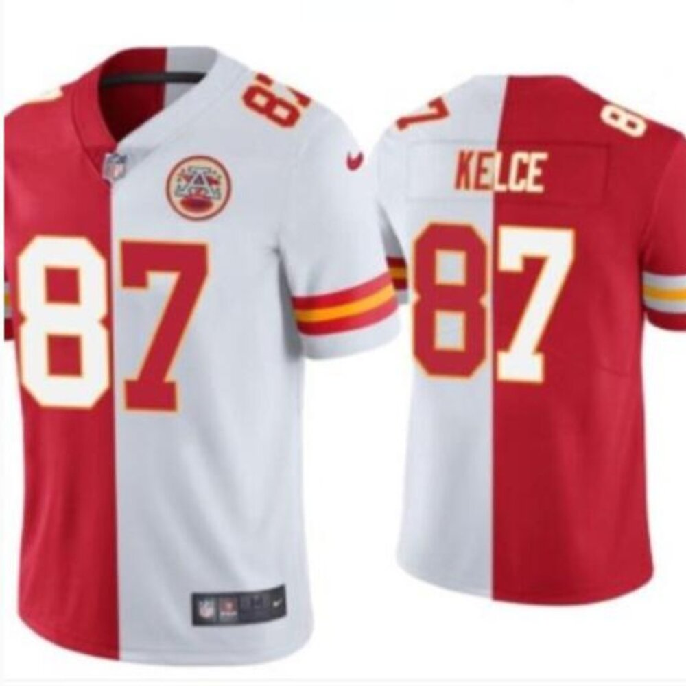 #87 Travis Kelce Red & White Split Limited Stitched Jersey